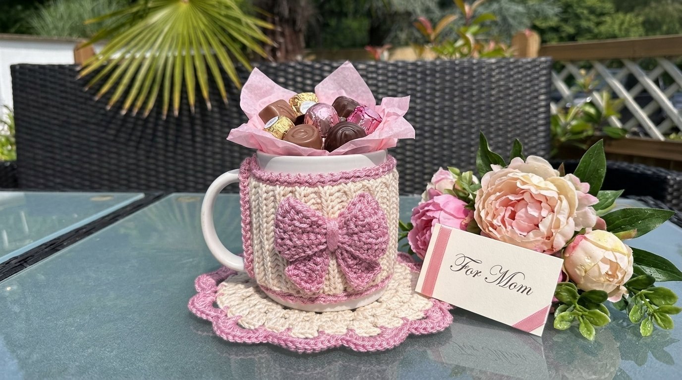Crochet Pattern Mug Cozy with Bow & Coaster -set in knit look - Image 4
