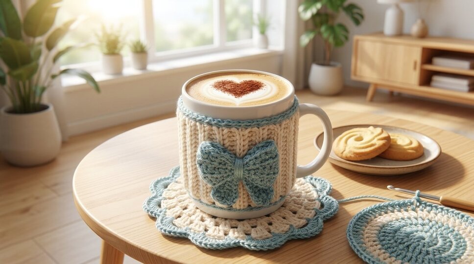 Crochet Pattern Mug Cozy with Bow & Coaster -set in knit look
