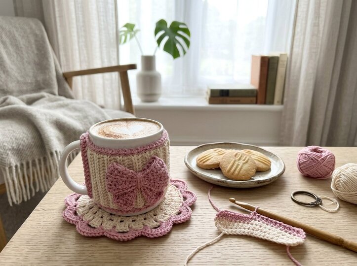 Crochet Pattern Mug Cozy with Bow & Coaster -set in knit look