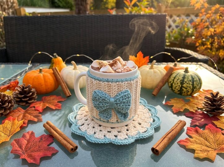 Crochet Pattern Mug Cozy with Bow & Coaster -set in knit look