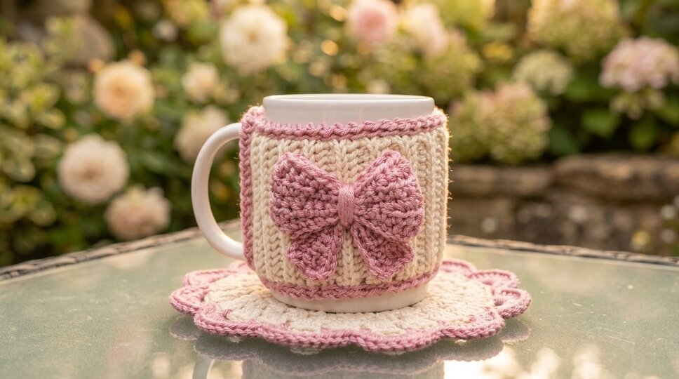 Crochet Pattern Mug Cozy with Bow & Coaster -set in knit look
