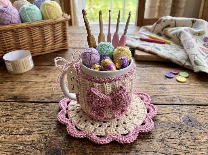 Crochet Pattern Mug Cozy with Bow & Coaster -set in knit look