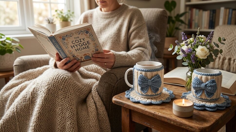 Crochet Pattern Mug Cozy with Bow & Coaster -set in knit look