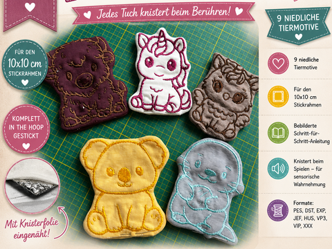 ITH Knistertuch-Set – 9 Tiermotive | Stickdateien 10x10 & 13x18
