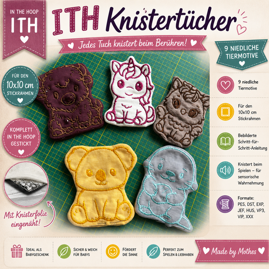 ITH Knistertuch-Set – 9 Tiermotive | Stickdateien 10x10 & 13x18