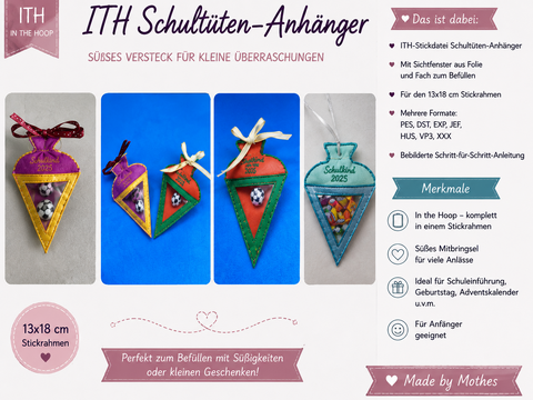 ITH Schultüten-Anhänger mit Sichtfenster | Stickdatei 13×18 cm