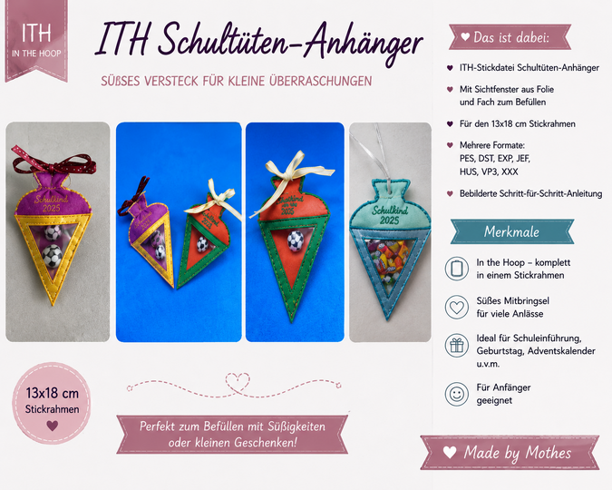 ITH Schultüten-Anhänger mit Sichtfenster | Stickdatei 13×18 cm