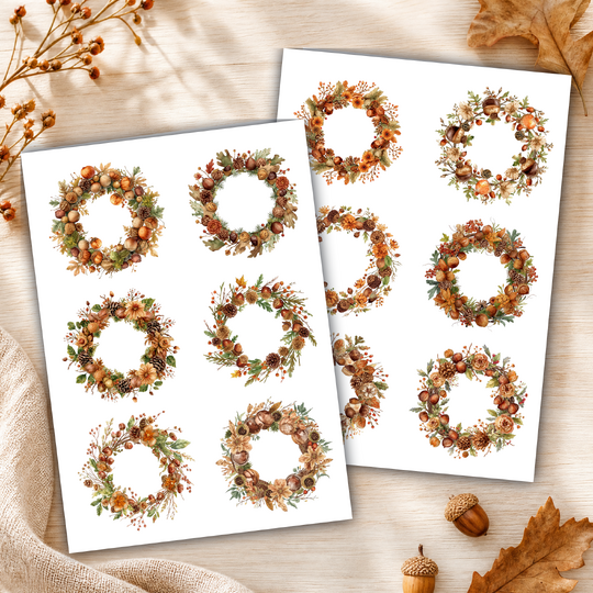 Herbst Sticker zum Ausdrucken, Waldkranz Planer Aufkleber, Scrapbook Deko