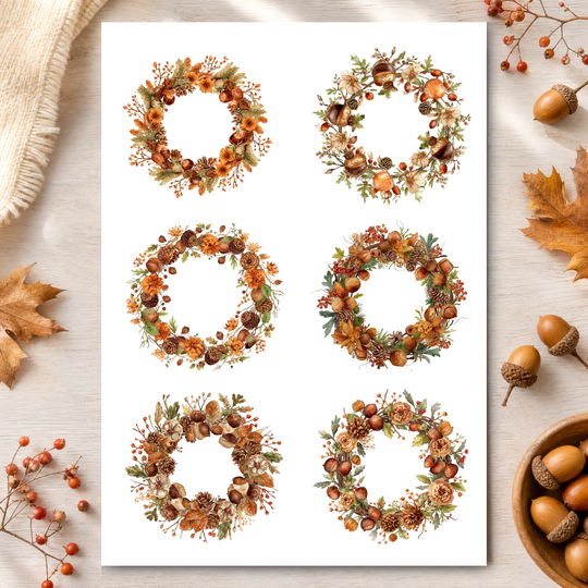 Herbst Sticker zum Ausdrucken, Waldkranz Planer Aufkleber, Scrapbook Deko