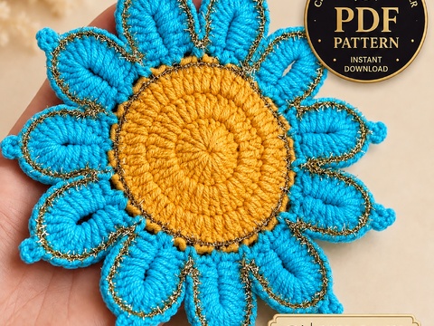 Crochet Flower Coaster Pattern PDF - Blue Petal Mug Rug Design