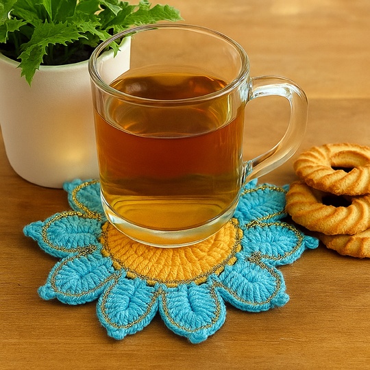 Crochet Flower Coaster Pattern PDF - Blue Petal Mug Rug Design