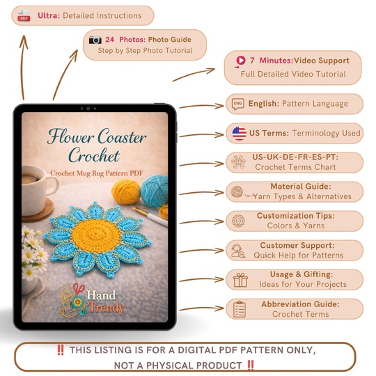 Crochet Flower Coaster Pattern PDF - Blue Petal Mug Rug Design