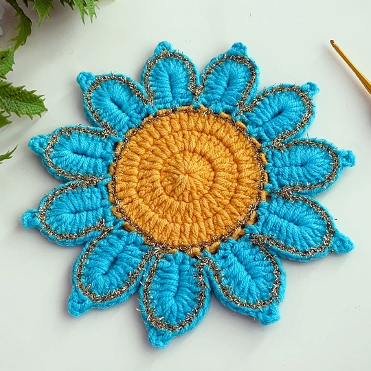 Crochet Flower Coaster Pattern PDF - Blue Petal Mug Rug Design
