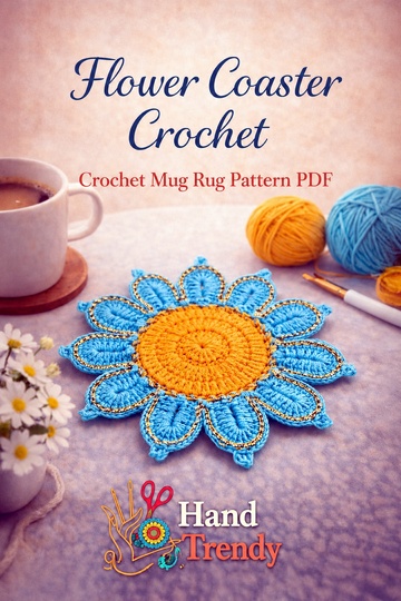 Crochet Flower Coaster Pattern PDF - Blue Petal Mug Rug Design