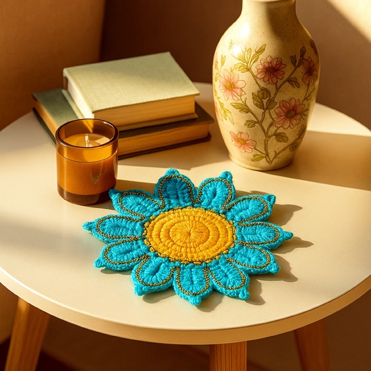 Crochet Flower Coaster Pattern PDF - Blue Petal Mug Rug Design