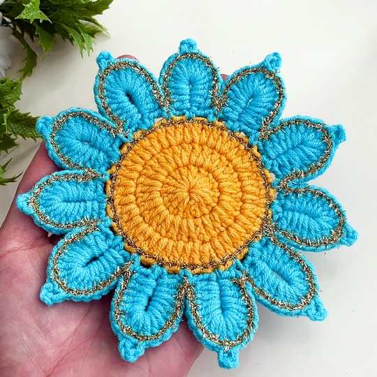 Crochet Flower Coaster Pattern PDF - Blue Petal Mug Rug Design
