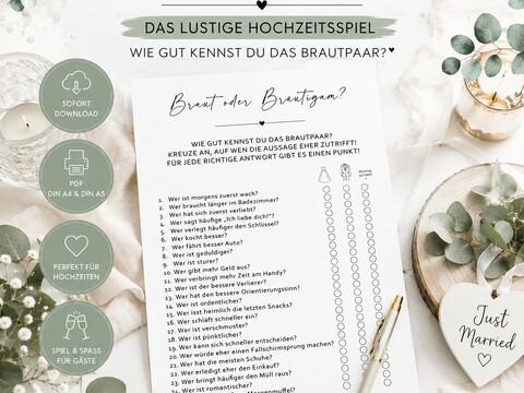 Braut oder Bräutigam? Hochzeitsspiel zum Ausdrucken | PDF DIN A4 & DIN A5