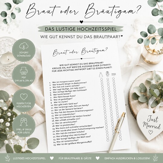 Braut oder Bräutigam? Hochzeitsspiel zum Ausdrucken | PDF DIN A4 & DIN A5