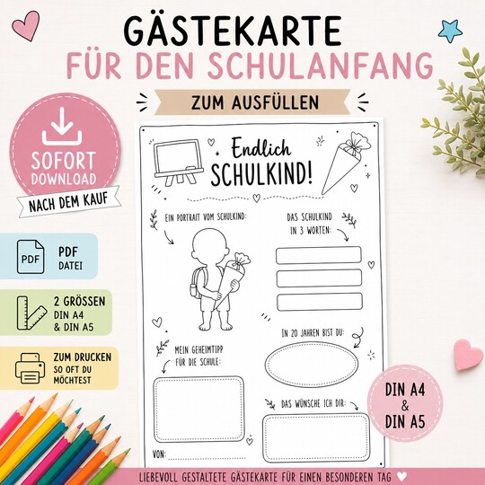 Gästekarte Schulanfang zum Ausfüllen | Endlich Schulkind | PDF
