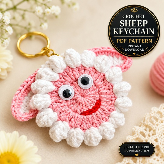 Sheep Face Crochet Keychain Pattern PDF - Fluffy Farm Animal Bag Charm