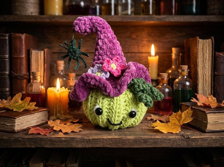 Häkelanleitung Kürbis mit Hexenhut, Blüten und Spinne – Herbst- & Halloween