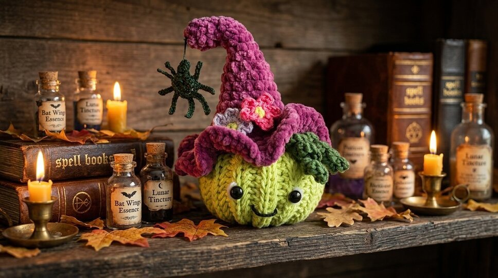 Häkelanleitung Kürbis mit Hexenhut, Blüten und Spinne – Herbst- & Halloween
