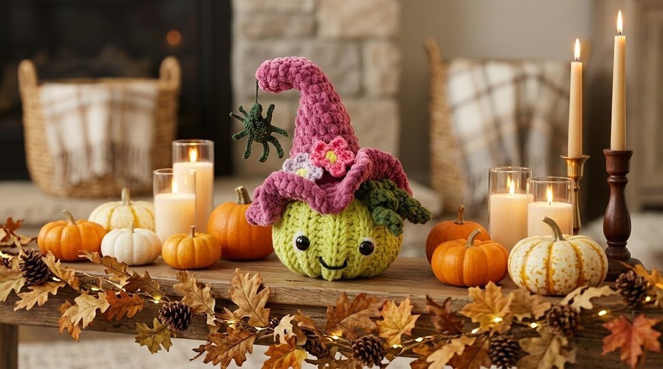 Häkelanleitung Kürbis mit Hexenhut, Blüten und Spinne – Herbst- & Halloween