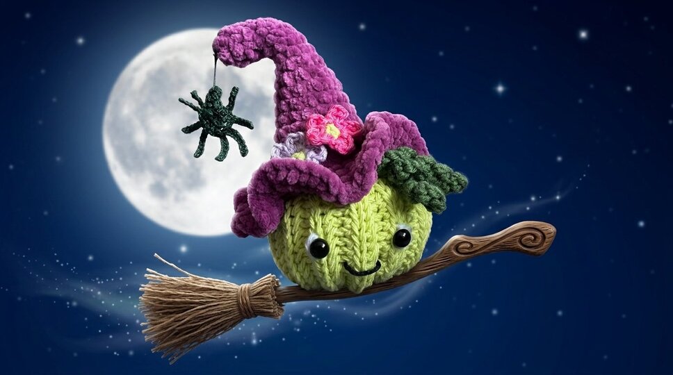Häkelanleitung Kürbis mit Hexenhut, Blüten und Spinne – Herbst- & Halloween