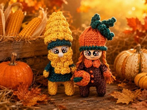Serie Herbstpüppchen: Herr Mais und Frau Kürbis Herbst Deko für Holzkugeln