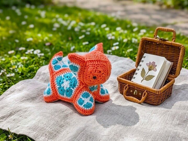 Häkelanleitung als PDF für Flora – das Kätzchen im African-Flowers-Design