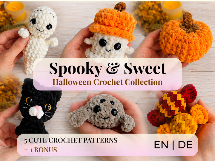 Süß & Gruselig – Halloween Häkelanleitung 5 in 1: Gespenst, Kürbis, Spinne