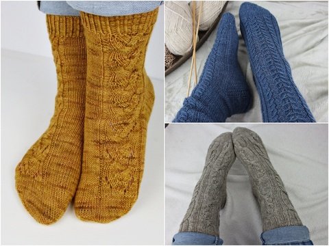 3 Sock Knitting Patterns PDF – Cable and Lace Socks Cuff Down