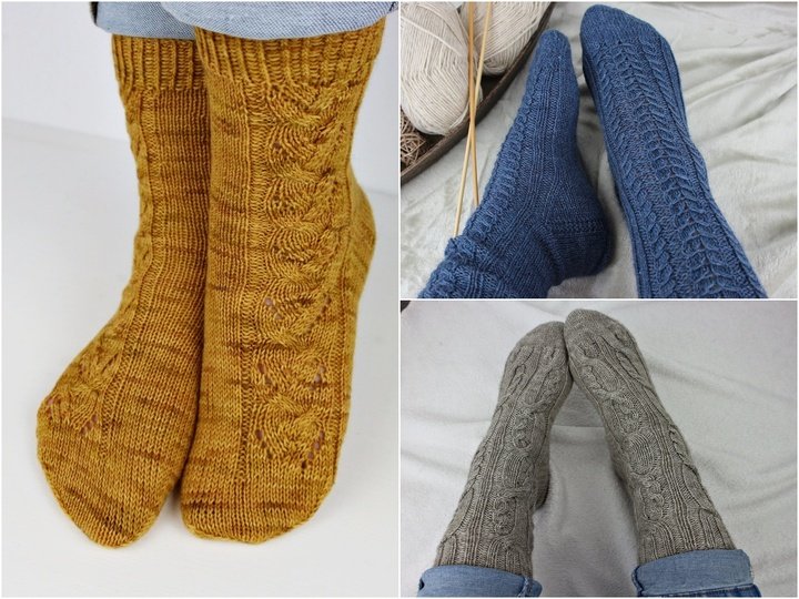 Strickanleitung Socken Set – 3 Paar Mustersocken mit Zopf- und Lochmuster