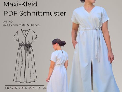 Maxikleid Schnittmuster PDF – Kleid mit V-Ausschnitt, Taschen & Schlitz