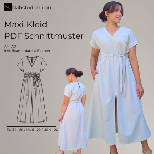 Maxikleid Schnittmuster PDF – Kleid mit V-Ausschnitt, Taschen & Schlitz