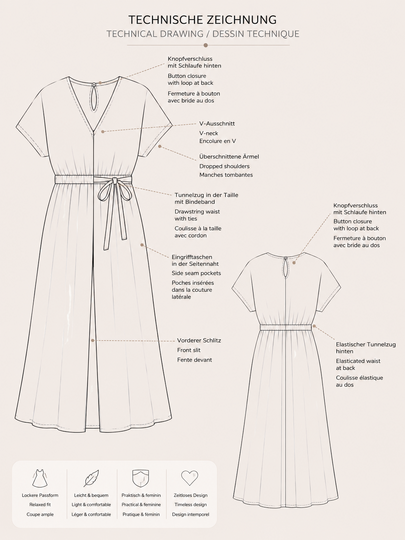 Maxikleid Schnittmuster PDF – Kleid mit V-Ausschnitt, Taschen & Schlitz