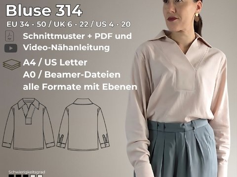 elegante Damen Bluse PDF Schnittmuster lange Ärmel V-Ausschnitt und Kragen