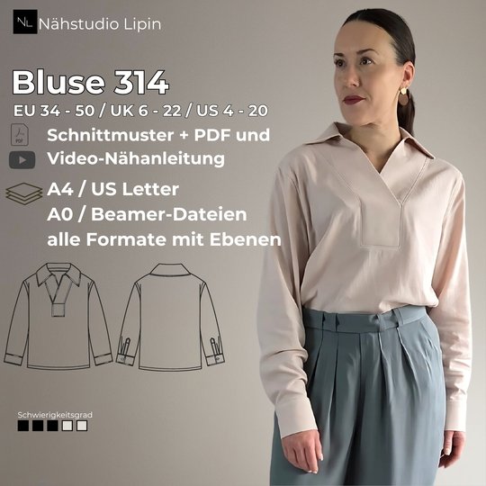 elegante Damen Bluse PDF Schnittmuster lange Ärmel V-Ausschnitt und Kragen