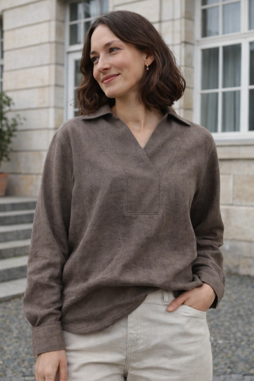 elegante Damen Bluse PDF Schnittmuster lange Ärmel V-Ausschnitt und Kragen