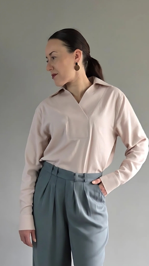 elegante Damen Bluse PDF Schnittmuster lange Ärmel V-Ausschnitt und Kragen