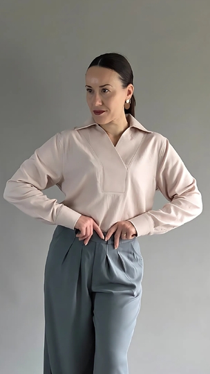 elegante Damen Bluse PDF Schnittmuster lange Ärmel V-Ausschnitt und Kragen