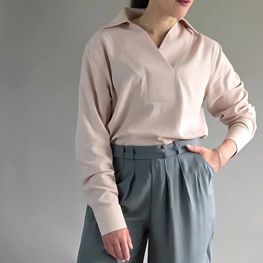 elegante Damen Bluse PDF Schnittmuster lange Ärmel V-Ausschnitt und Kragen