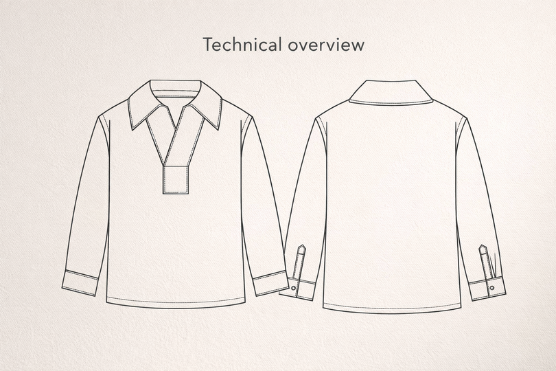 elegante Damen Bluse PDF Schnittmuster lange Ärmel V-Ausschnitt und Kragen