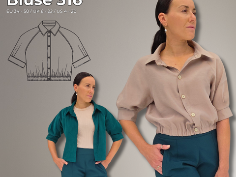 Bluse Schnittmuster Damen PDF, Kragenbluse mit Raglanärmeln – Grössen 34–50