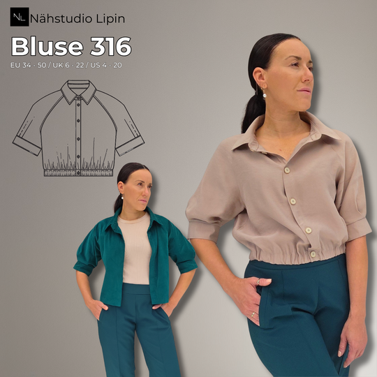 Bluse Schnittmuster Damen PDF, Kragenbluse mit Raglanärmeln – Grössen 34–50