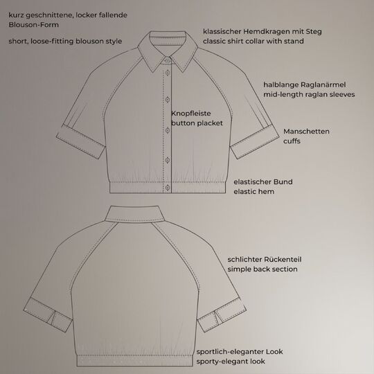 Bluse Schnittmuster Damen PDF, Kragenbluse mit Raglanärmeln – Grössen 34–50