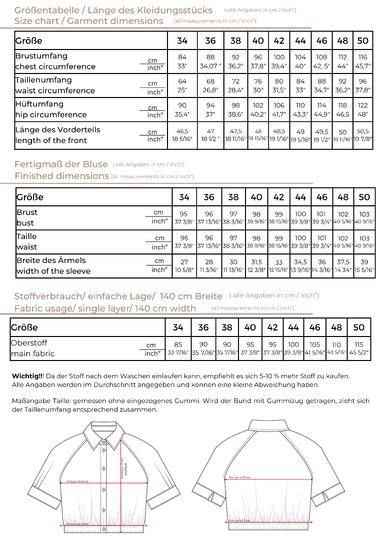 Bluse Schnittmuster Damen PDF, Kragenbluse mit Raglanärmeln – Grössen 34–50