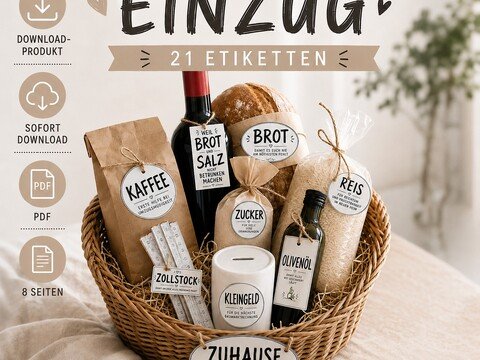 Geschenkkorb Einzug Etiketten PDF | 21 Geschenkideen zum Einzug