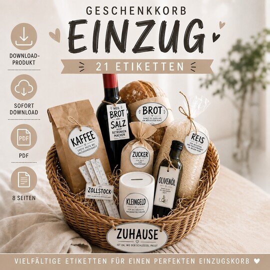 Geschenkkorb Einzug Etiketten PDF | 21 Geschenkideen zum Einzug