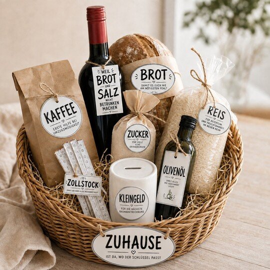 Geschenkkorb Einzug Etiketten PDF | 21 Geschenkideen zum Einzug